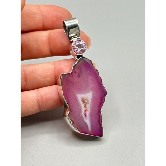 Pink Druzy Quartz Gemstone Pendant Sterling Silver 925 with Pink Glass Stone - Picture 5 of 7